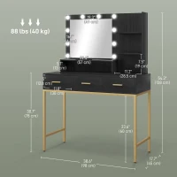 HOMCOM Illuminated Dressing Table, LED Vanity Table with Mirror, 3 Drawers and Storage Shelves for Bedroom, Black(m-3)