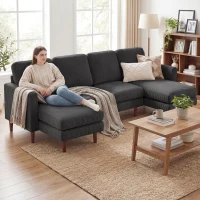 HOMCOM Sectional Sofa, Corduroy U Shaped Couch with Double Chaise and Spring Cushions, 2200lb Capacity, Dark Grey(m-1)