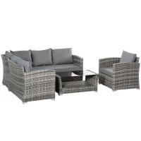 Outsunny 5 Pieces Wicker Patio Furniture Set with 4" Thick Cushions, Outdoor PE Rattan Garden Conversation Sectional Sofa Set with Glass Top Two-tier Coffee Table, Grey(m-2)