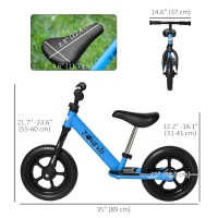 Qaba 12" Kids Balance Bike No Pedal Bicycle Adjustable Seat and Handlebar Training Toddler Bike 3 - 5 Years Blue(m-3)