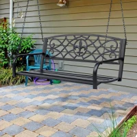 Outsunny 50"L Steel Porch Swing Fleur-De-Lis Patio Swing Chair Hanging Bench Outdoor 2-person Glider Chair Seat w/ Chain Antique Style Black(m-8)