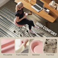 HOMCOM PU Leather Rolling Stool, Height Adjustable Swivel Salon Chair with Backrest and Foot Rest for Spa, Tattoo, Pink(m-5)