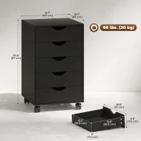 HOMCOM File Cabinet with 5 Drawer Wheels, 15.7" x 15.7" x 26.4", Black(m-3)