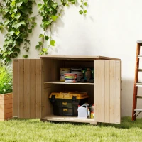 Outsunny Wooden Outdoor Storage Cabinet, Garden Shed Potting Shed with Shelf and Double Doors, Natural(m-10)