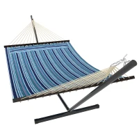 Outsunny Hammock with Stand Heavy Duty Camping Hammock with Steel Frame for Patio Backyard Blue and White(m-2)