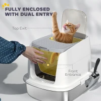 PawHut Large Stainless Steel Litter Box, Enclosed Metal Cat Litter Tray with Scoop, Deodoriser Bag, Front-Entry and Top-Exit(m-5)