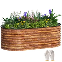 Outsunny 5 x 2.5 x 2 ft Galvanized Raised Garden Bed, Easy DIY Oval Planter Box with Safety Edging and Gloves, Brown Wood Effect(m-11)