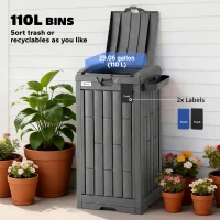 Outsunny 29 Gallon Outdoor Garbage Bin with Dual Lid, Plastic Outdoor Waste Trash Can with Side Holder and Drip Tray, Grey(m-4)