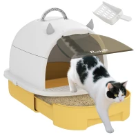 PawHut Cat Litter Box with Lid, Front Door Flap, Scoop, Handle, Easy Clean, for Small and Medium Cats, Yellow(m-11)