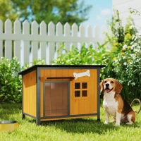 PawHut Outdoor Dog House with Anti-Chewing Steel Frame, Openable Roof, Removable Floor, Door Curtain, Yellow(m-8)