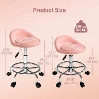 HOMCOM PU Leather Rolling Stool, Height Adjustable Swivel Salon Chair with Backrest and Foot Rest for Spa, Tattoo, Pink(m-3)