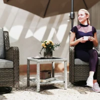 Outsunny 19" Outdoor Wicker Coffee Table with Glass Top, Storage Shelf for Garden Porch Balcony Deck, Dark Grey(m-1)