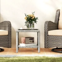 Outsunny 19" Outdoor Wicker Coffee Table with Glass Top, Storage Shelf for Garden Porch Balcony Deck, Dark Grey(m-7)