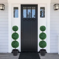 Outsunny Set of 2 Artificial Ball Boxwood Topiary Trees, 44.1" Fake Plants in Pots for Outdoor Indoor Decor, Dark Green(m-1)