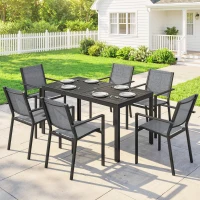 Outsunny Outdoor Dining Set for 6, Faux Wood Metal Patio Table and Mesh Stackable Chairs with Umbrella Hole, Black(m-1)