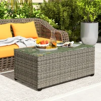Outsunny Wicker Outdoor Coffee Table, PE Wicker Rectangular Patio Table with Tempered Glass Top for Garden, Balcony, Dark Grey(m-1)