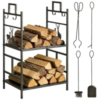 Outsunny 20.25" x 13" x 30.25" 2-Layer Heavy Duty Firewood Rack Wood Log Fireplace Stacker  w/ 4 Tools, Black and Gold(m-2)