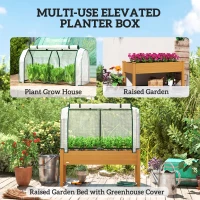 Outsunny Raised Garden Bed with PE Greenhouse Cover Outdoor Elevated Wood Planter Box for Herbs and Vegetables Sand(m-6)