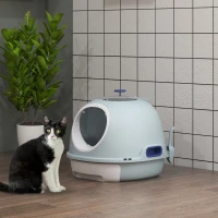 PawHut Cat Litter Box Toilet with Lid, Covered Litter Box with Scoop, Enclosed Drawer and Skylight, Blue(m-8)