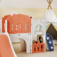 Qaba 7 in 1 Toddler Slide with Basketball Hoop, Climber, Telescope, Tunnel, Steering Wheel, for 1-3 Years, Orange(m-9)