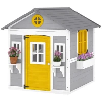Outsunny Wooden Playhouse for Kids Outdoor with Door, Windows, Planter Pots and Boxes for Toddlers 3-8 Years, Grey(m-2)