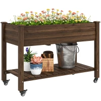 Outsunny Mobile Raised Garden Bed Elevated Wood Planter Box with Lockable Wheels, Storage Shelf for Herbs Vegetables, Carbonized(m-11)