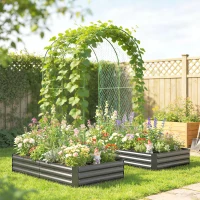 Outsunny Metal Raised Garden Bed with Trellis, Galvanized Garden Bed Kit Outdoor Garden Box with Trellis, Dark Grey(m-1)