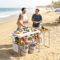 Outsunny Fish Cleaning Table Folding Sink Portable Camping Sink with Side Shelf & Bottom Rack for Outdoor White(m-7)