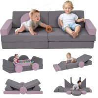 Qaba 12-Piece Modular Kids Play Couch Building Fort for Playroom Bedroom, Convertible Kids Sofa, Grey(m-11)