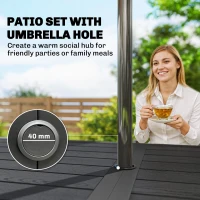 Outsunny Outdoor Dining Set for 6, Faux Wood Metal Patio Table and Mesh Stackable Chairs with Umbrella Hole, Black(m-4)