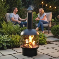 Outsunny Outdoor Fire Pit, Portable Wood Burning Firepit with Poker, Charcoal Grid, Modern Chimney Design Fireplace, Black(m-9)