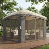 Outsunny 10' x 10' Pop Up Canopy with Netting, Foldable Tents for Parties, Height Adjustable, with Storage Bag for Outdoor, Garden, Patio, Beige(m-9)