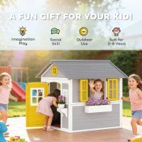 Outsunny Wooden Playhouse for Kids Outdoor with Door, Windows, Planter Pots and Boxes for Toddlers 3-8 Years, Grey(m-7)