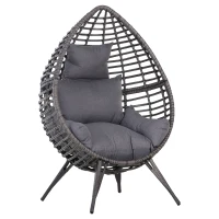 Outsunny Outdoor/Indoor Rattan Chair with Soft Cushion, Wicker Egg Lounge Chair for Backyard Garden Balcony Lawn, Grey(m-2)