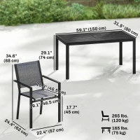 Outsunny Outdoor Dining Set for 6, Faux Wood Metal Patio Table and Mesh Stackable Chairs with Umbrella Hole, Black(m-3)