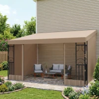 Outsunny 10' x 13' Wall Pergola, Outdoor Gazebo with 2 Curtains and 2 Nettings, UV Resistant, for Patio, Deck, Khaki(m-10)