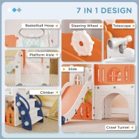 Qaba 7 in 1 Toddler Slide with Basketball Hoop, Climber, Telescope, Tunnel, Steering Wheel, for 1-3 Years, Orange(m-4)