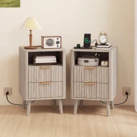 HOMCOM Nightstands Set of 2, Modern Bedside Tables with Charging Station, 2 Drawers and Open Shelf, Grey(m-1)