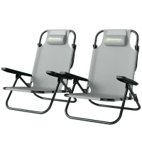 Outsunny Set of 2 Beach Chair 5-Position Adjustable Folding Camping Chair with Headrest Armrests Light Grey(m-2)
