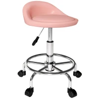 HOMCOM PU Leather Rolling Stool, Height Adjustable Swivel Salon Chair with Backrest and Foot Rest for Spa, Tattoo, Pink(m-11)