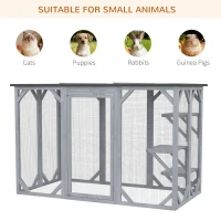 PawHut 44.1" H Cat Cage, Indoor Outdoor Wooden Enclosure Pet House, Small Animal Cage Hutch, Suitable for Rabbit, Dogs, Kitten, Crate Kennel with Waterproof Roof, Multi-Level Platforms, Lock, Grey(m-9)