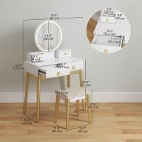 HOMCOM Makeup Vanity Table Set with Round Mirror, Built-in 3 Color LED Light, Dressing Desk with 4 Drawers and Cushioned Stool for Bedroom, White(m-3)