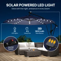 Outsunny 9.7ft Solar LED Cantilever Patio Umbrella with 32 LED Lights, Cross Base, Crank Handle, for Poolside, Deck, Dark Blue(m-4)