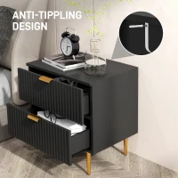 HOMCOM Bedside Table, Modern Nightstand with 2 Drawers, Side End Table with Metal Legs for Living Room, Bedroom, Black(m-6)