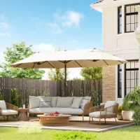 Outsunny 15' Outdoor Patio Umbrella with Twin Canopy Sunshade Steel Table Umbrella with Lift Crank Beige(m-1)