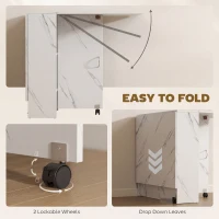 HOMCOM Extendable Dining Table, Collapsible Folding Table with 2-tier Shelves and Rolling Casters, Marble White(m-6)