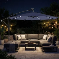 Outsunny 9.7ft Solar LED Cantilever Patio Umbrella with 32 LED Lights, Cross Base, Crank Handle, for Poolside, Deck, Dark Blue(m-1)