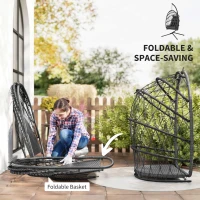 Outsunny Hanging Egg Chair with Stand, Foldable Wicker Rattan Swing Chair with Thick Cushion, Dust Cover and Safety Rope, Black(m-5)