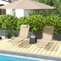 Outsunny Folding Outdoor Lounge Chair Set of 2, Reclining Tanning Chair with 5-Position Adjustable Backrest, Brown
