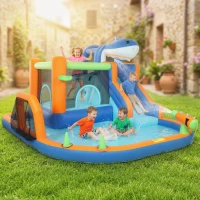 Qaba Inflatable Bounce House for Kids, Sharks Theme Jumping Bouncy Castle with Slide and Pool for Indoor Outdoor, Blue(m-8)